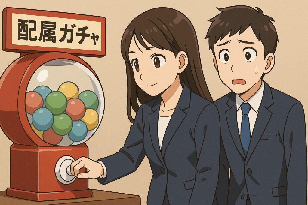 男女若手社員が「配属ガチャ」機を回しカプセルを開ける瞬間を描いたアニメ風イラスト