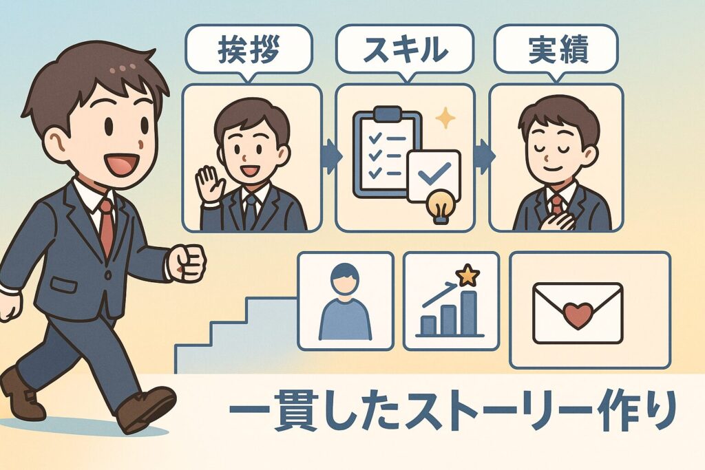 社内SE転職における必勝ストーリーの作り方を、ストーリーボード形式で「一貫した流れ」として描いたイメージ図