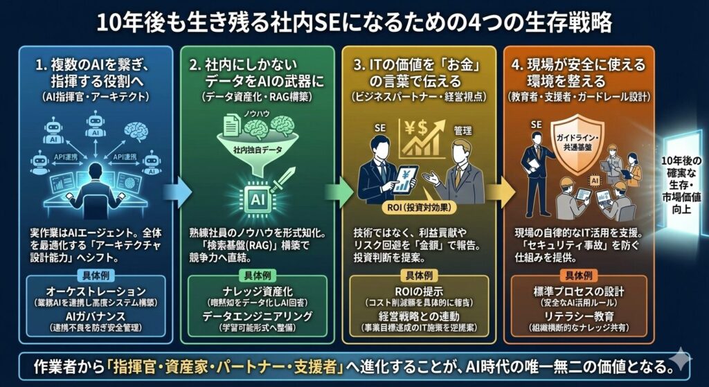 図解:「10年後も生き残る社内SEになるための4つの生存戦略」。作業者から「AI指揮官・アーキテクト」「データ資産家」「ビジネスパートナー」「現場支援者」へと進化していくロードマップと、各段階での具体的なアクション(RAG構築、ROI提示など)を解説したインフォグラフィック。