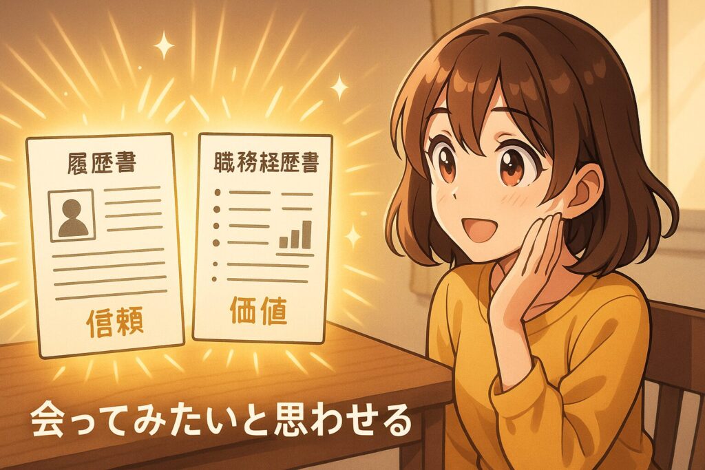 履歴書は「信頼」、職務経歴書は「価値」と表記され、キャラクターが輝く書類を見つめるアニメ風イラスト