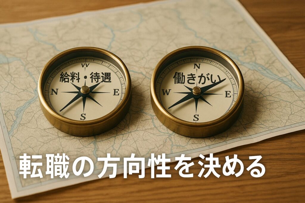 社内SE転職準備を象徴するイラスト。机の上に「待遇」と「働きがい」を指す2つのコンパスが置かれ、キャリアの方向性を決める様子を表現。