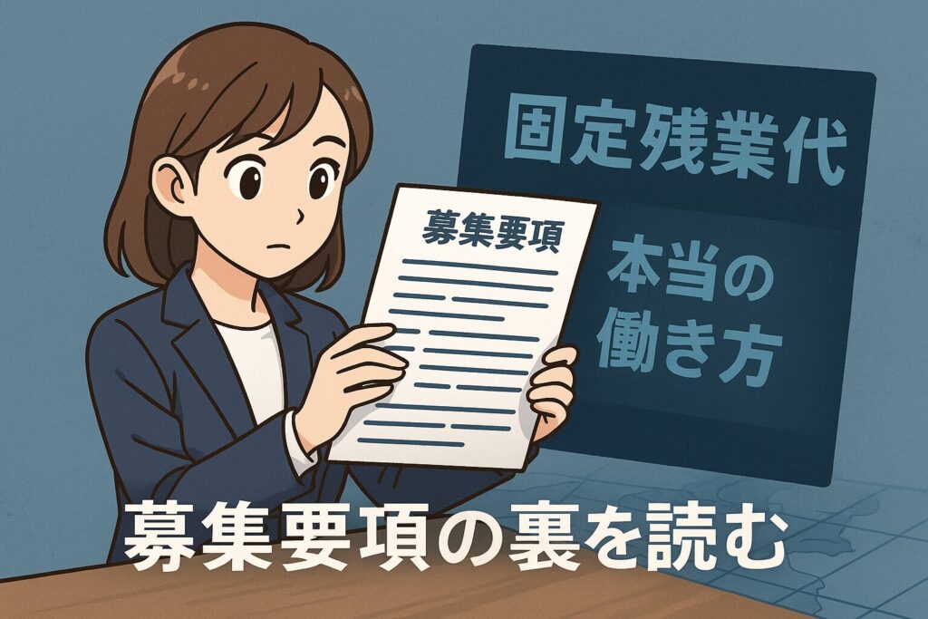 募集要項の表には待遇や残業少なめと書かれているが、X線風に裏面に隠れたリスクが浮かび上がる構図。社内SE転職で求人を見極める重要性を示すイラスト