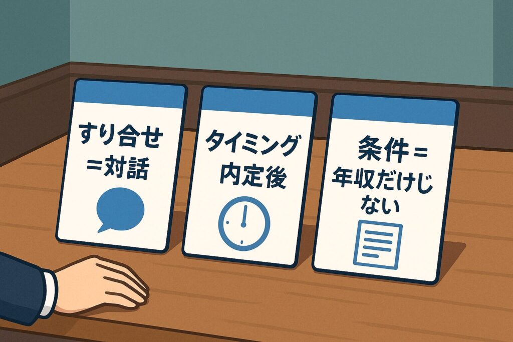 社内SE転職の条件交渉を成功に導く3つの心構えを示すカード型イラスト