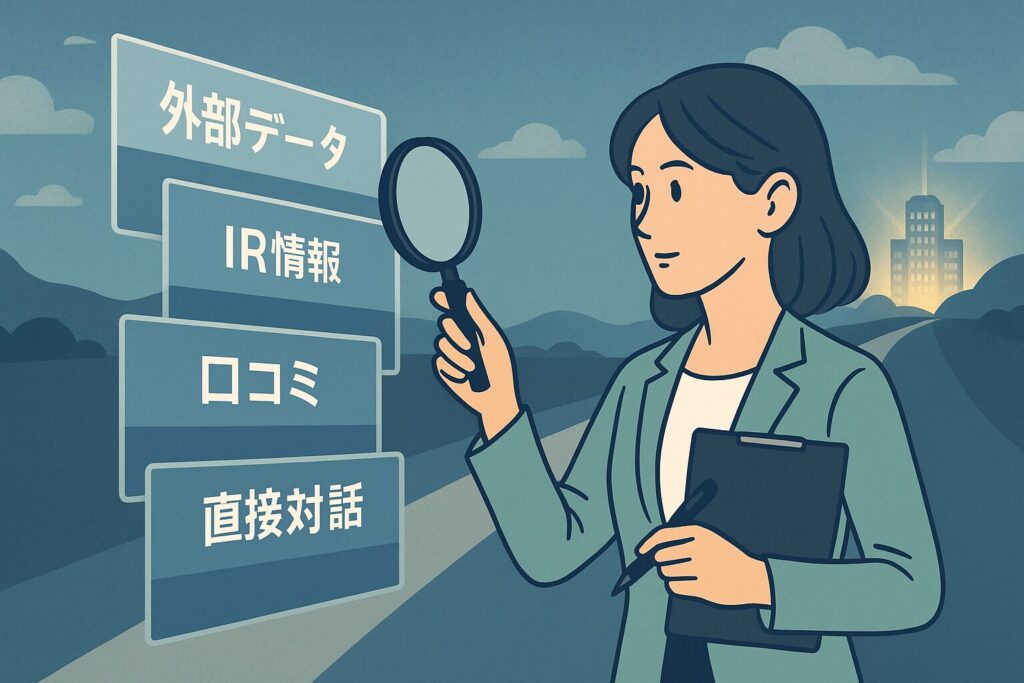 キャリアを守るために企業研究に取り組む女性オフィスワーカーのデジタルイラスト