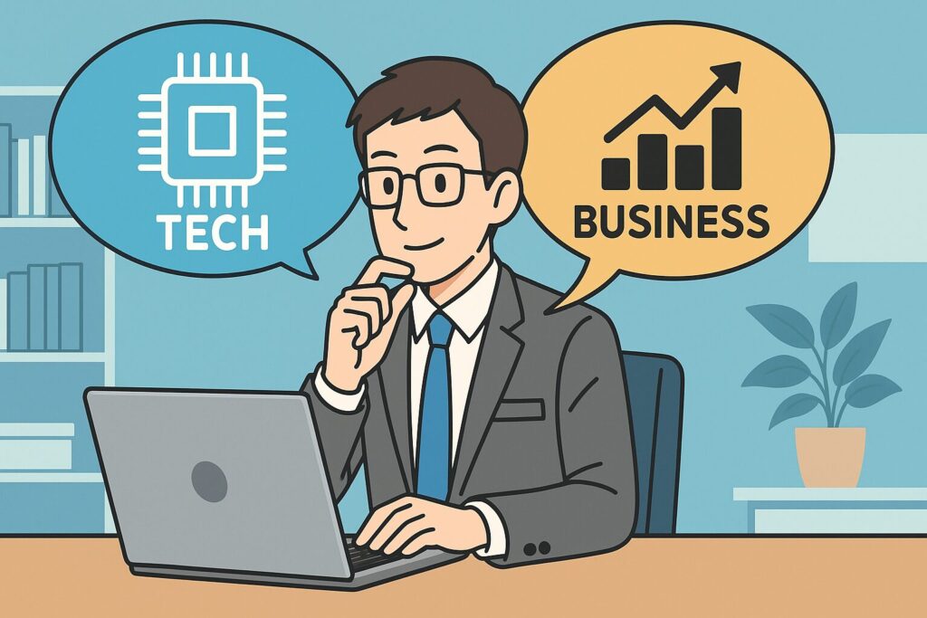 TECHからBUSINESSへ言葉を変換するビジネスマンのイラスト。職務経歴書作成における「技術を成果に翻訳する」重要性を表現