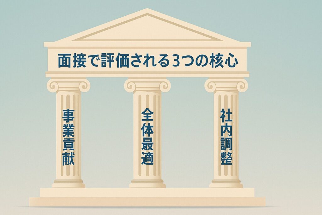 社内SEの面接で重視される3つの視点（事業貢献・全体最適・社内調整力）を柱に見立てた図解
