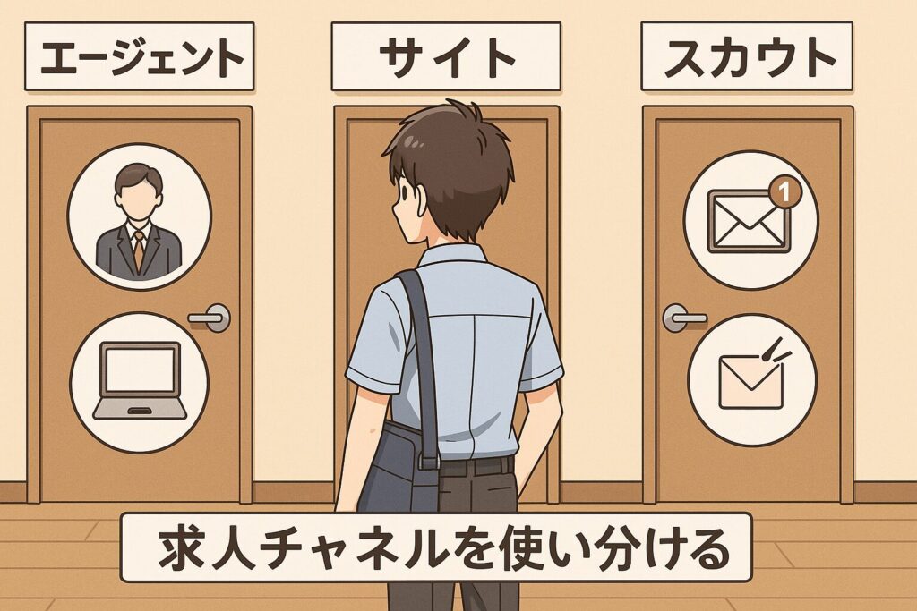 社内SE転職における求人探しを表現したアニメ風イラスト。エージェント・転職サイト・スカウトの3つの扉を前に立つキャラクター