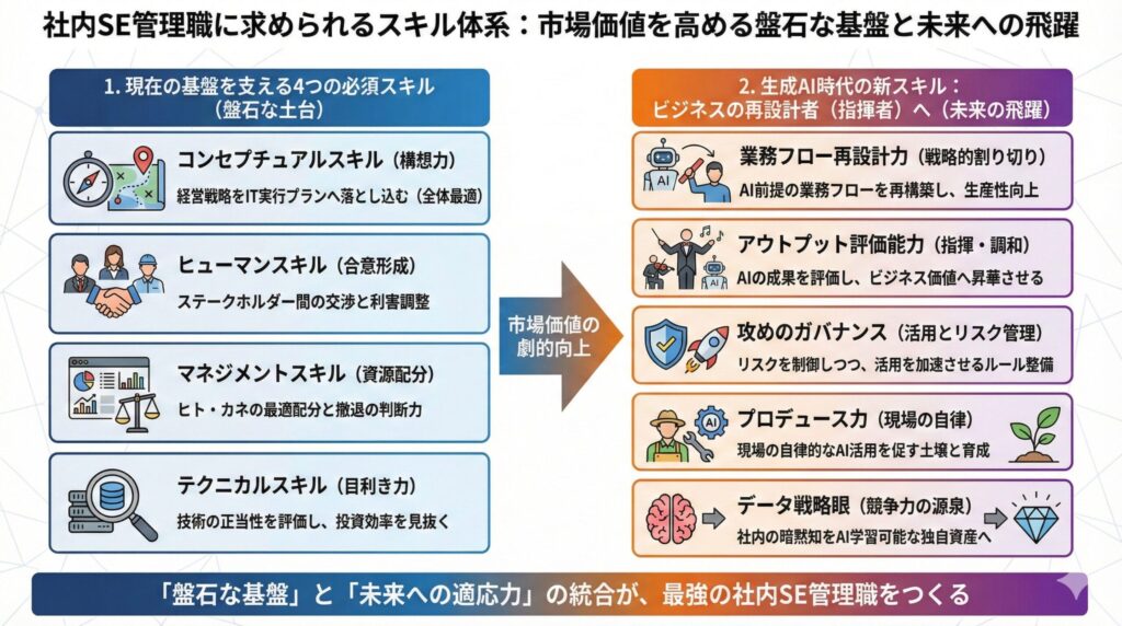 図解：社内SE管理職のスキル体系。「現在の盤石な基盤スキル」4つと「生成AI時代の新スキル」5つを統合し、市場価値を劇的に高めるキャリアモデルを示す。