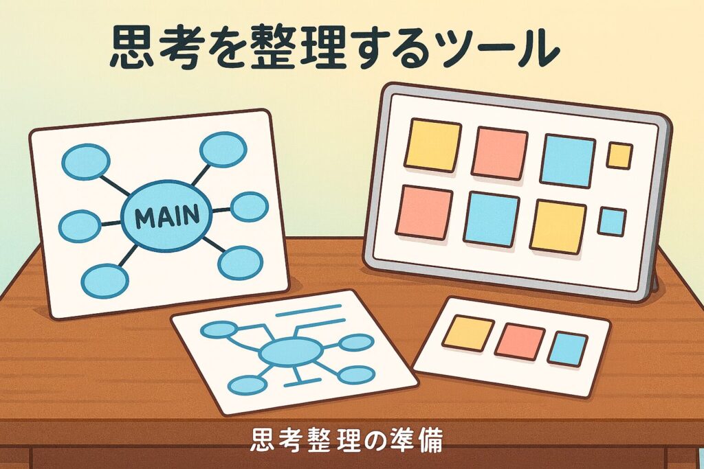 社内SE転職の準備で役立つマインドマップとホワイトボードを机に並べたアニメ調イラスト。思考整理のツールを象徴