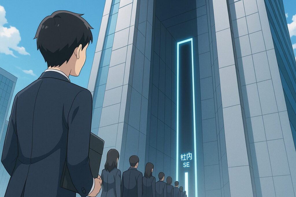 新卒が社内SEを目指し巨大ビルの細い入口「社内SE」に行列する様子を描いたアニメ風イラスト