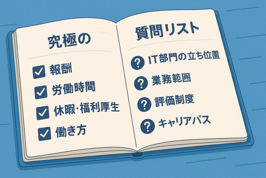 社内SE転職のオファー面談で確認すべき究極の質問リストを示すアニメ風イラスト。見開きノートに報酬・労働時間・休暇・福利厚生・IT部門の立ち位置などの項目が並んでいる