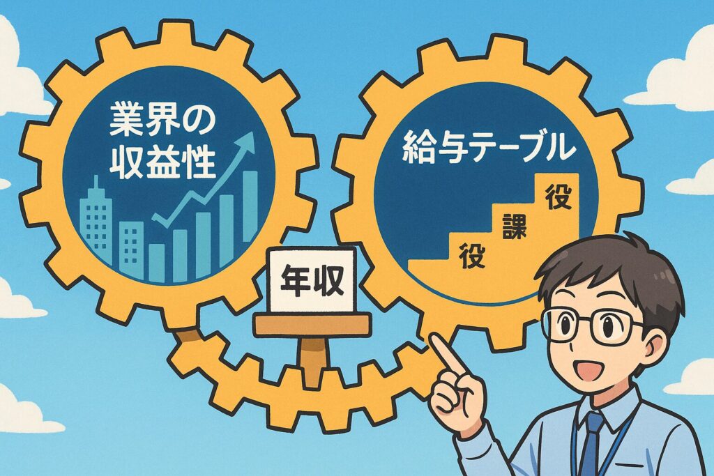 社内SEの年収が「業界収益性」と「給与テーブル」という2つの要因によって決まる様子を歯車で表現したアニメ調イラスト