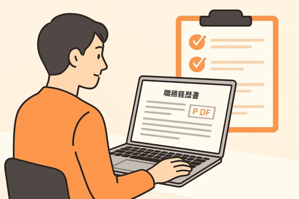 提出直前に職務経歴書の内容をチェックする応募者のイラスト。オレンジのチェックマークが強調され、誤字脱字や表現を最終確認している様子