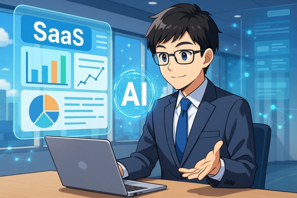 クラウドSaaSとAIを活用し提案する若手社内SEの姿を描いたデジタルイラスト