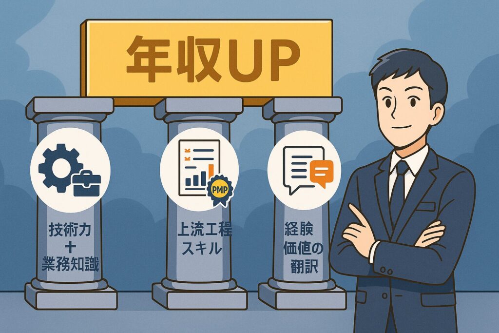 技術力×業務知識、上流工程スキル、経験価値の翻訳という3つの戦略を柱で示し、年収アップへの道を説明するスーツ姿の男性のアニメ風イラスト