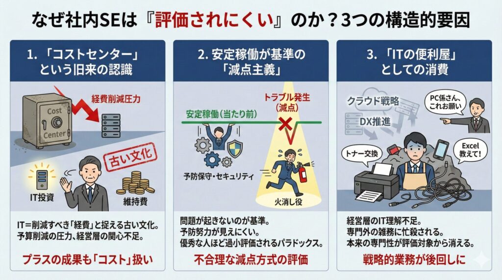図解：なぜ社内SEは「評価されにくい」のか？3つの構造的要因。1.「コストセンター」認識による経費削減圧力、2.安定稼働が基準の「減点主義」評価、3.「ITの便利屋」としての雑務消費について、イラストとテキストで解説したインフォグラフィック