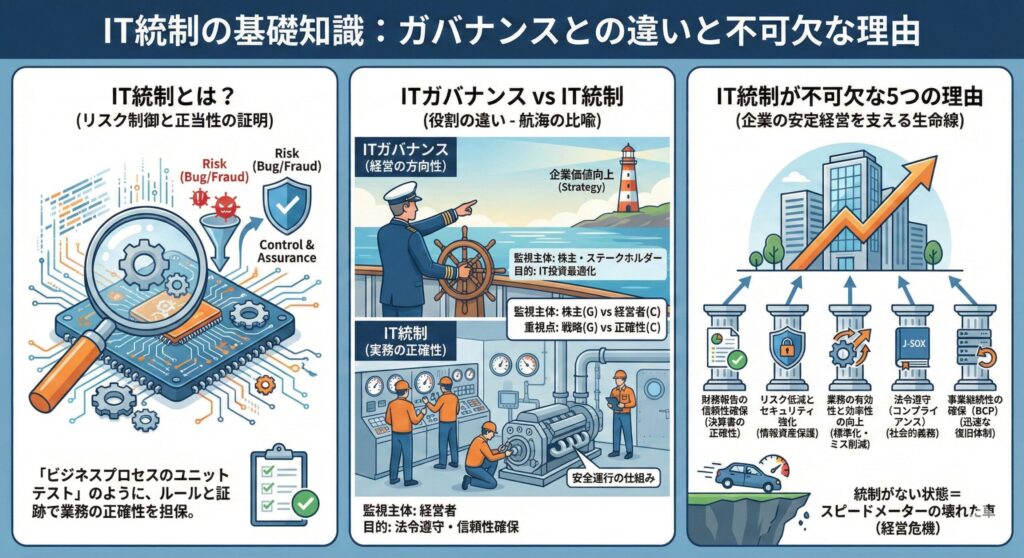 IT統制とITガバナンスの比較およびIT統制が不可欠な5つの理由の図解