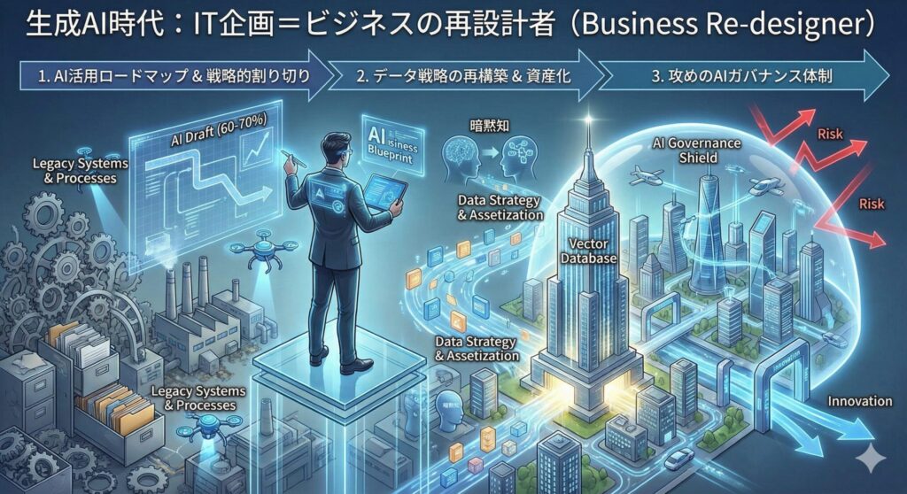 図解:生成AI時代のIT企画の役割「ビジネスの再設計者」。AI活用ロードマップ、データ戦略の再構築、AIガバナンス体制という3つのステップによるビジネス変革プロセスを示すインフォグラフィック