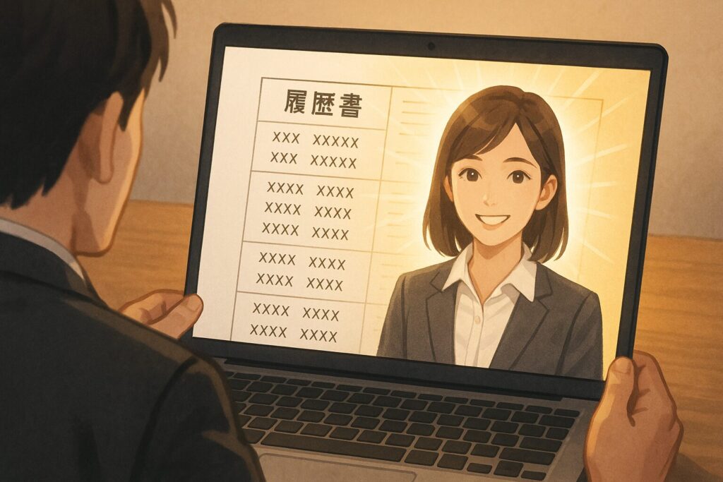 面接官がノートPCを通して履歴書を確認し、履歴書の中に清潔感のある応募者の姿が光り輝いて映っているイラスト