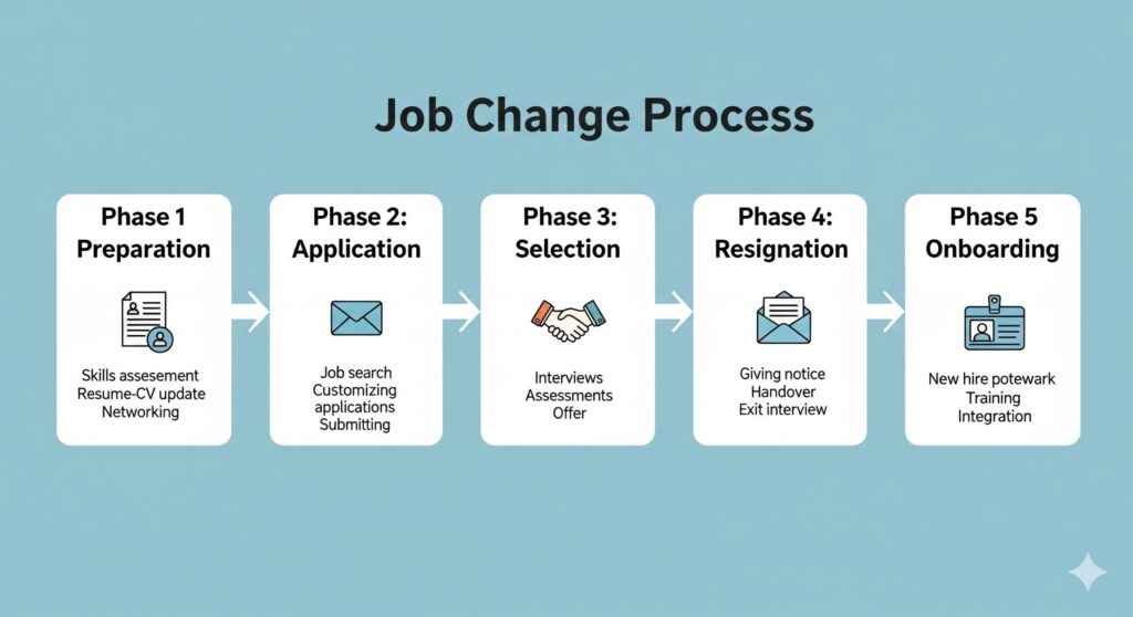 転職活動の全体像を表すインフォグラフィック。Preparation、Application、Selection、Resignation、Onboardingの5つのフェーズが並ぶ
