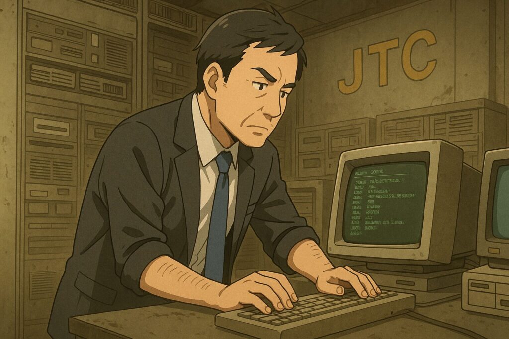JTCの古いサーバールームでレガシーシステムを保守する中年社内SEのアニメ風イラスト