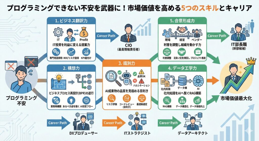 プログラミングができない社内SEが、不安を武器に変えて市場価値を高めるためのロードマップ図解。コーディング以外の「ビジネス翻訳力」「構想力」「識別力」「データ工学力」「合意形成力」という5つの重要スキルを磨くことで、CIOやDXプロデューサーといった高度なキャリアへ繋がる道筋をイラストで解説している。