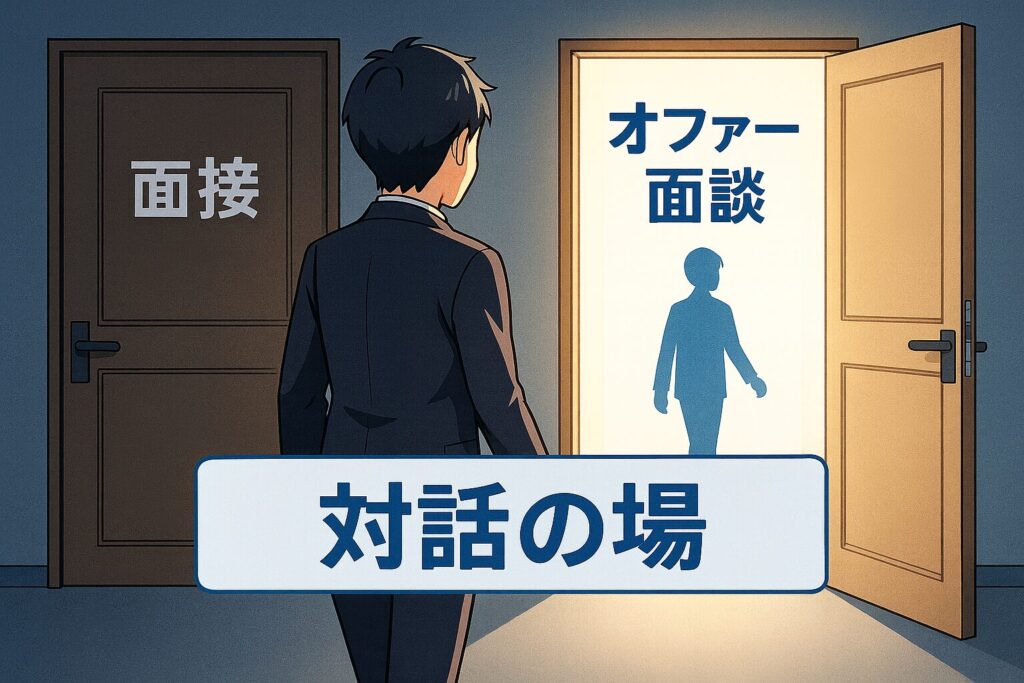 社内SE転職におけるオファー面談と面接の違いを示すアニメ風イラスト。閉ざされた面接の扉と、光が差すオファー面談の扉に向かう候補者