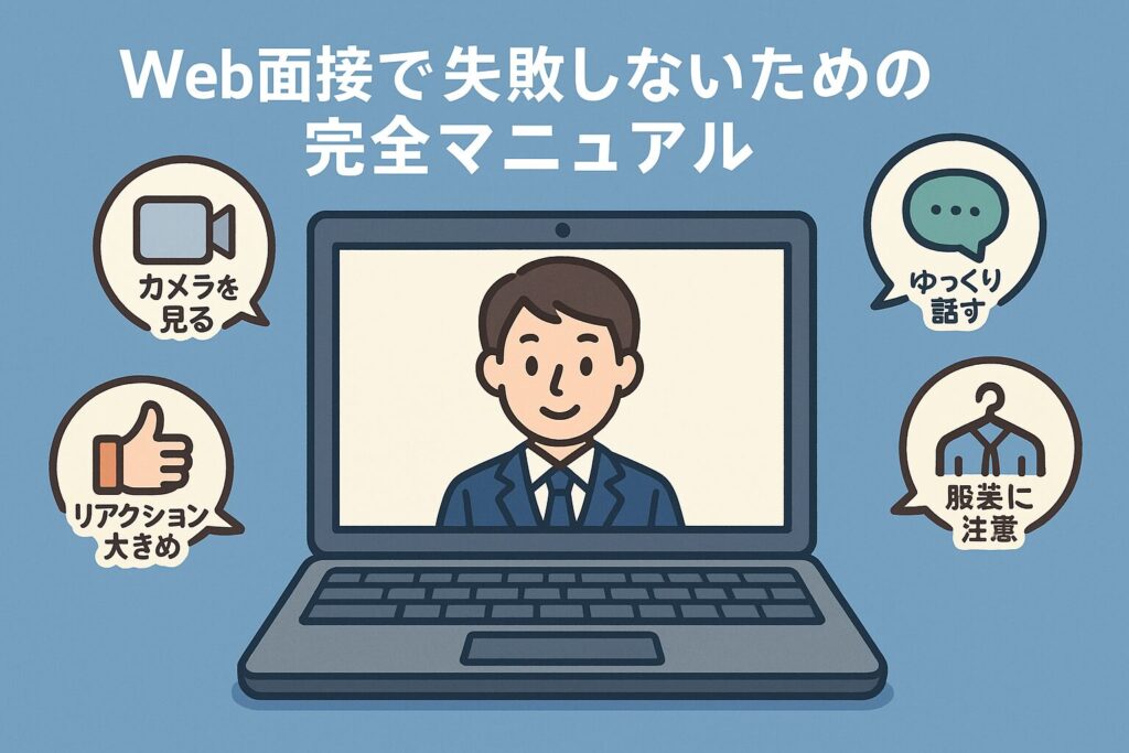 Web面接で好印象を与えるためのチェックリストを示したアニメ調イラスト。カメラ目線、ゆっくり話す、大きめのリアクション、服装統一などのマナーをわかりやすく解説。