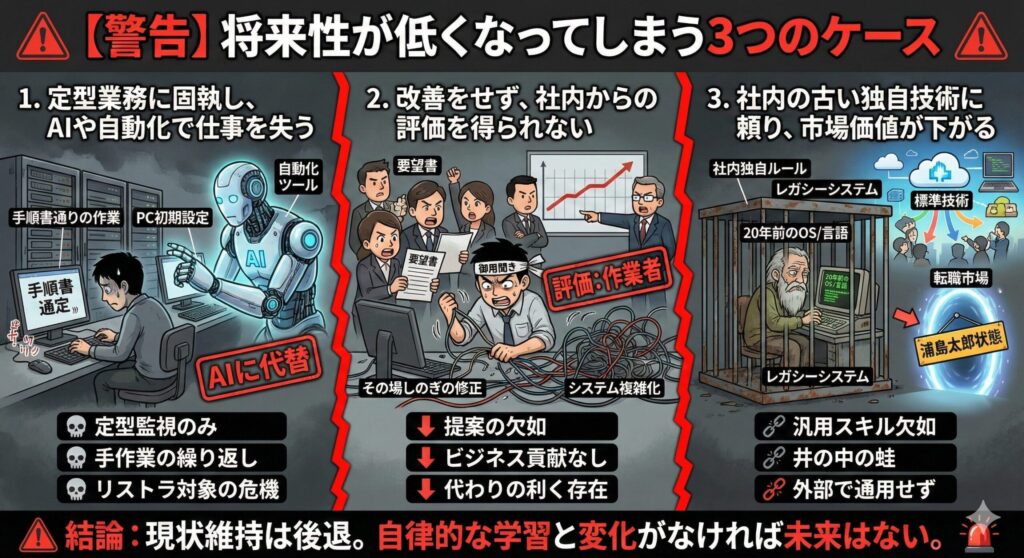 【警告】将来性が低くなってしまう3つのケースの図解。AIや自動化による定型業務の代替、改善提案不足による社内評価の低下、レガシーな独自技術依存による市場価値の下落という、社内SEが陥りやすいリスクを警告するインフォグラフィック。