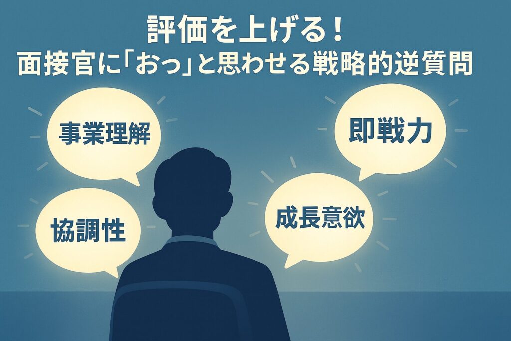 社内SE転職の面接で評価を上げる戦略的逆質問を示すイラスト。事業理解・即戦力・協調性・成長意欲の4つの要素が吹き出しで表現されている