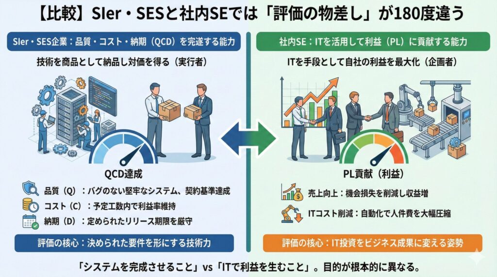 SIer・SESと社内SEの評価基準比較チャート。左側：SIer・SES＝QCD達成（品質、コスト、納期）、評価の核心は技術力。右側：社内SE＝PL貢献（売上向上、コスト削減）、評価の核心はビジネス成果に変える姿勢