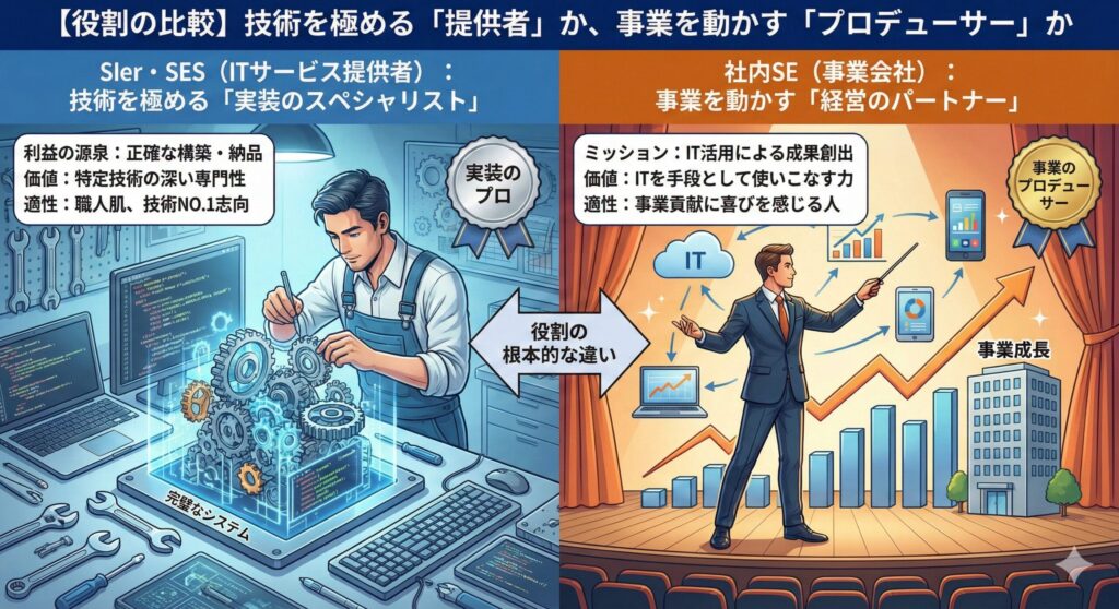技術を極める「提供者」（SIer・SES）か、事業を動かす「プロデューサー」（社内SE）か。左側に「実装のスペシャリスト」としてのSIer、右側に「経営のパートナー」としての社内SEのミッションや適性を対比したイラスト