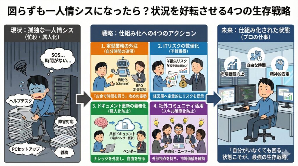 図解「図らずも一人情シスになったら？状況を好転させる4つの生存戦略」。左側の「現状：孤独な一人情シス（忙殺・属人化）」から、中央の4つの戦略（1.定型業務の外注、2.ITリスクの数値化、3.ドキュメント更新の義務化、4.社外コミュニティ活用）を実行することで、右側の「未来：仕組み化された状態（プロの仕事）」へ変化する流れを説明したインフォグラフィック。
