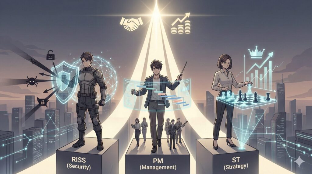 情報処理安全確保支援士(RISS)、プロジェクトマネージャ(PM)、ITストラテジスト(ST)の高度資格を取得し、信頼と年収を高める専門家を描いたアニメ調イラスト