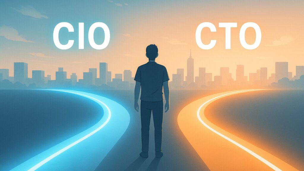 CIOとCTOへ続く二つのキャリアパスを前に、次の道を選ぼうと立つ人物を描いたイラスト