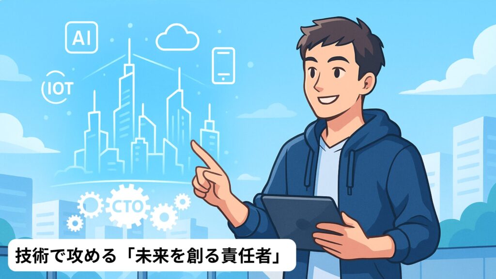 CTOがテクノロジーとイノベーションで未来のサービスを創り出す姿を描いたアニメ風イラスト