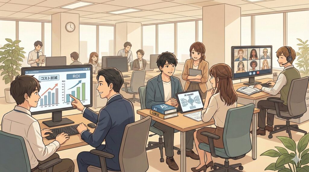 活気あるオフィスで、エンジニアがプラスアルファのスキルを活用している日常風景のアニメ調イラスト。左ではコスト削減のグラフを見ながらビジネス会話、中央ではAIモデルの図を囲んで議論、右ではヘッドセットで海外とオンライン会議をしている様子が描かれている