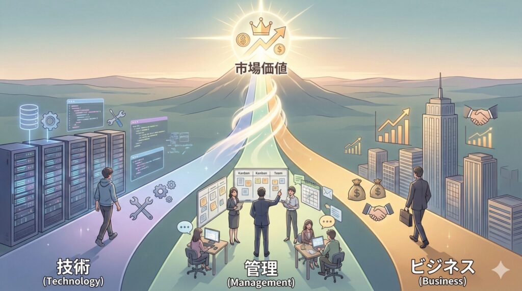 社内SEの市場価値を決める技術・管理・ビジネスの3つの必須スキルを表すアニメ調イラスト