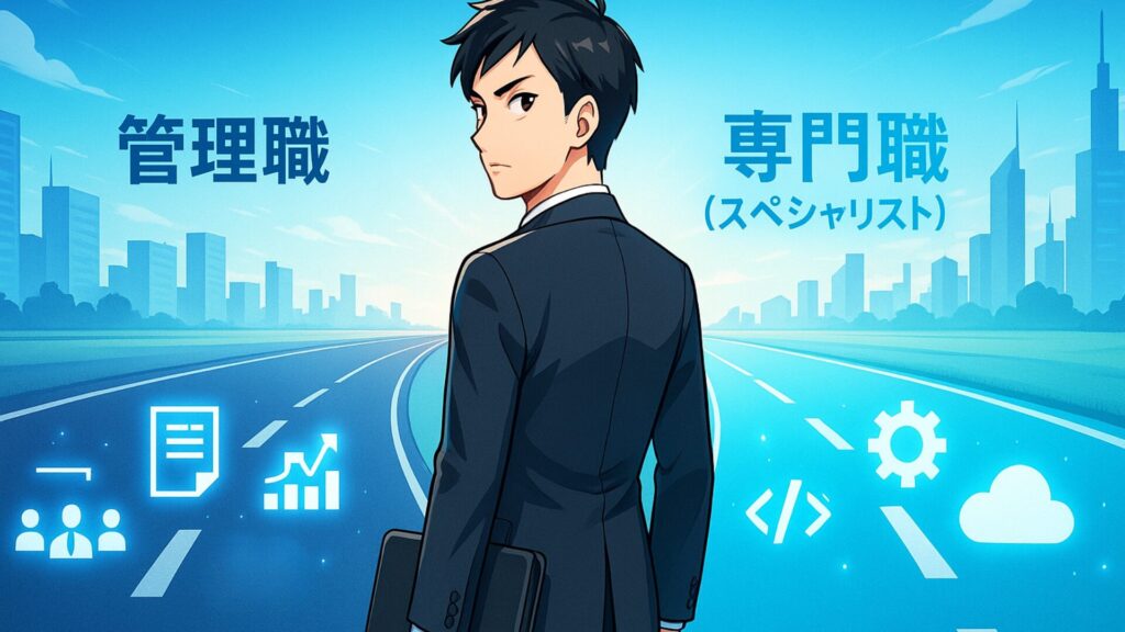 スーツ姿の男性社内SEが二本の道に立ち、管理職とスペシャリストの選択を象徴する構図