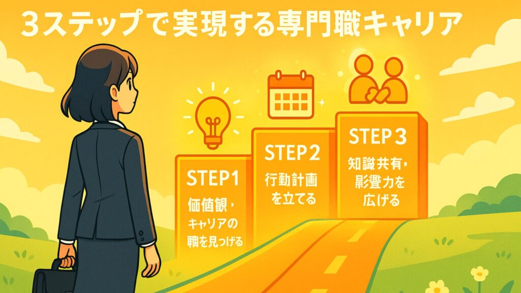 社内SEが専門職キャリアを実現する3ステップ(価値観、行動計画、知識共有)を描いた明るいイラスト
