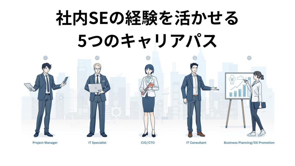 社内SEが活かせる5つのキャリアパス(PM・専門職・CIO/CTO・ITコンサル・DX推進)を描いたアニメ風イラスト。