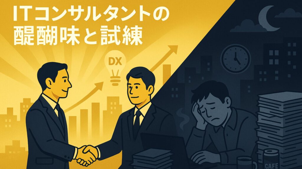 ITコンサルタントの醍醐味と試練を対比した図。左はDX推進でクライアントと握手する成功シーン、右は深夜まで資料を作成する苦労を表す。