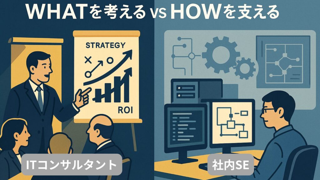 ITコンサルタントと社内SEの違いを比較した図。左は経営戦略とROIを考えるコンサルタント、右はシステム設計と運用を支える社内SE。WHATとHOWの視点の違いを表す。