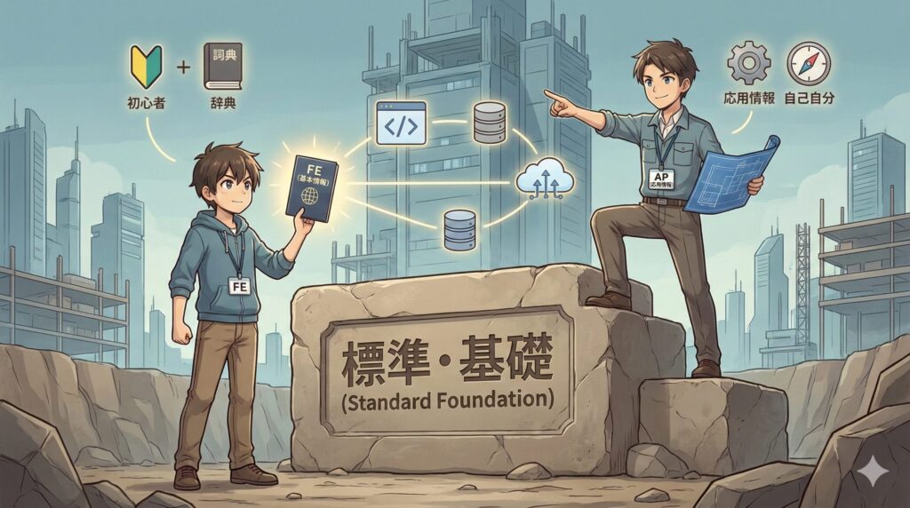 ITエンジニアの基礎・土台となる標準資格(基本情報技術者試験FE、応用情報技術者試験AP)が、共通言語として機能することを表現したアニメ調イラスト