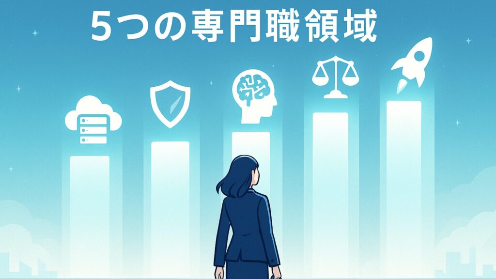 社内SEが目指せる5つの専門職領域(クラウド、セキュリティ、AI、ガバナンス、DX)を描いたイラスト