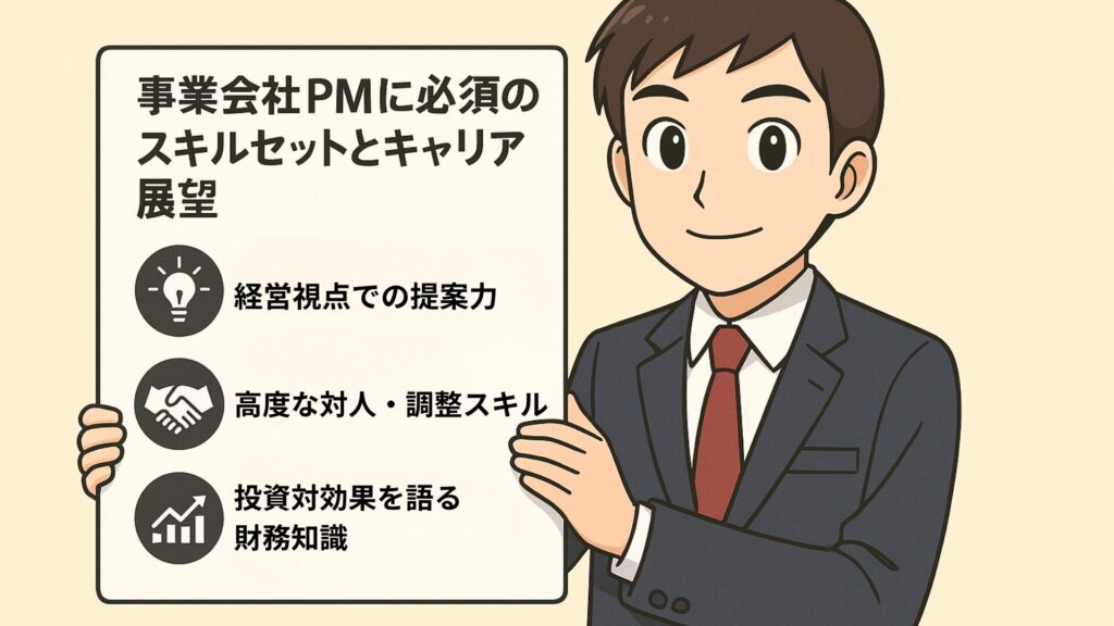 事業会社PMに求められる3つの必須スキル（経営視点の提案力・対人調整スキル・財務知識）を解説するアニメ風イラスト