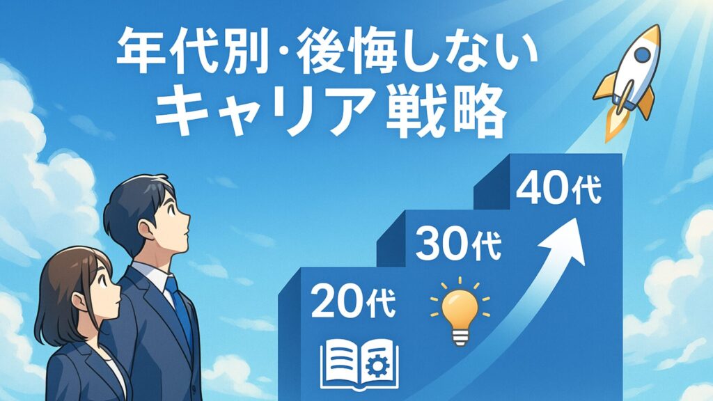 社内SEのキャリア成長を表す3段階のステップ。20代の学び、30代の専門性、40代の飛躍を描いた明るいイラスト。