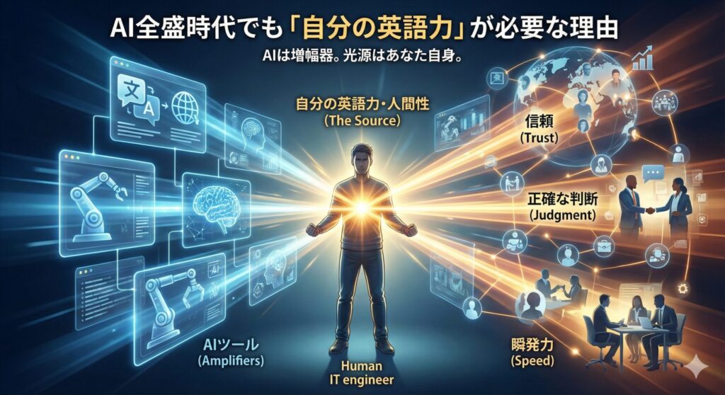 中央のITエンジニアが「光源(自分の英語力・人間性)」となり、左側の「AIツール(増幅器)」を活用して、右側の「信頼」「正確な判断」「瞬発力」というビジネス成果を生み出す様子を視覚化。「AIは増幅器。光源はあなた自身」というメッセージを伝えている。