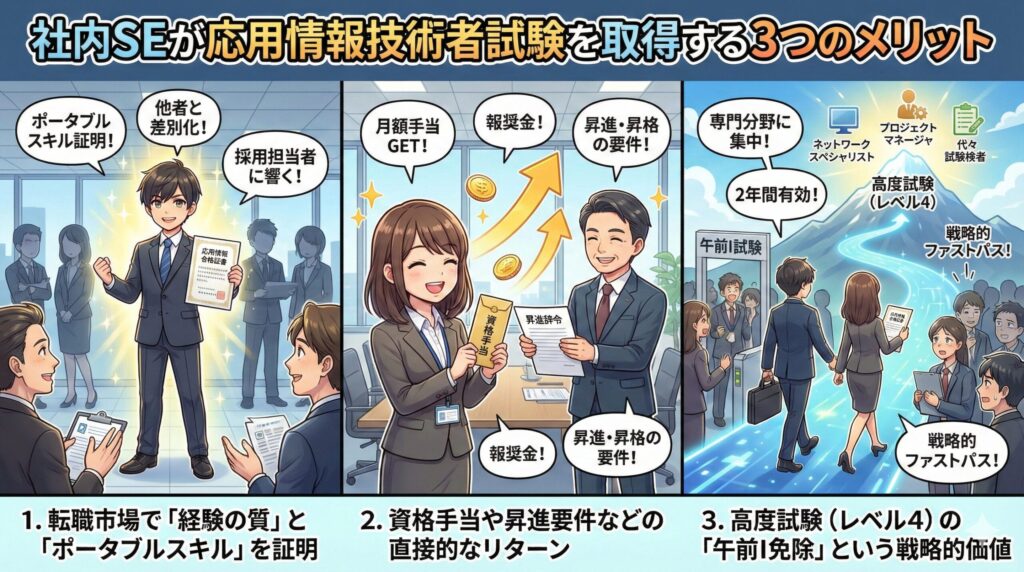 社内SEが応用情報技術者試験を取得する3つのメリットを図解したアニメ調イラスト。「1.転職市場でのスキル証明と差別化」「2.資格手当や昇進といった直接的なリターン」「3.高度試験(レベル4)の午前I免除という戦略的価値」を具体的に表現している。