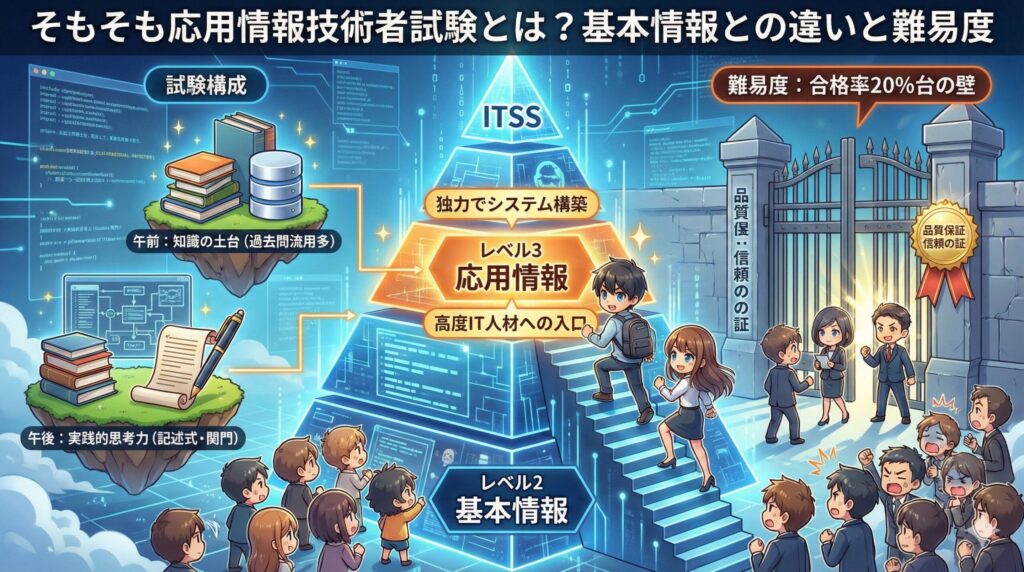 応用情報技術者試験(AP)の概要を解説した図解イラスト。基本情報(レベル2)との違い、ITSSレベル3の位置づけ、午前・午後の試験構成、合格率20%台の難易度の壁と合格の価値(品質保証)をアニメ調で表現している。
